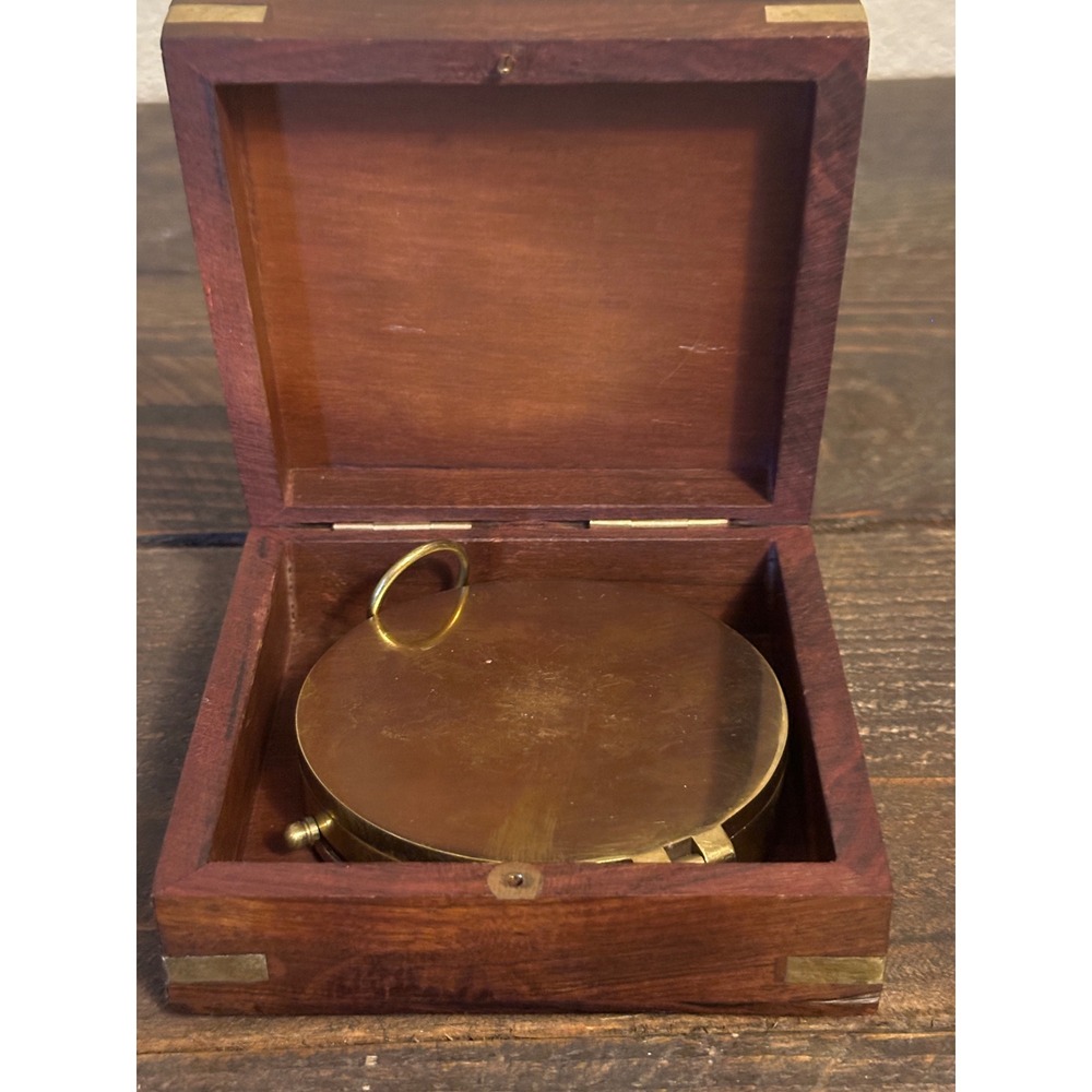 Vintage Brass Nautical Pocket Compass with Anchor Inlay Wooden Box